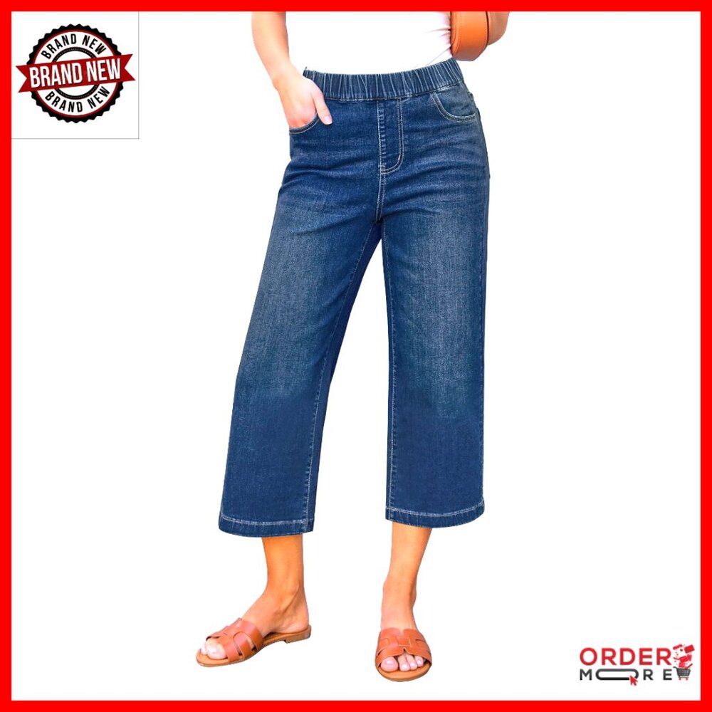 Wide Leg High Waisted Capri Jeans Stretchy Denim Elastic Waist Pants